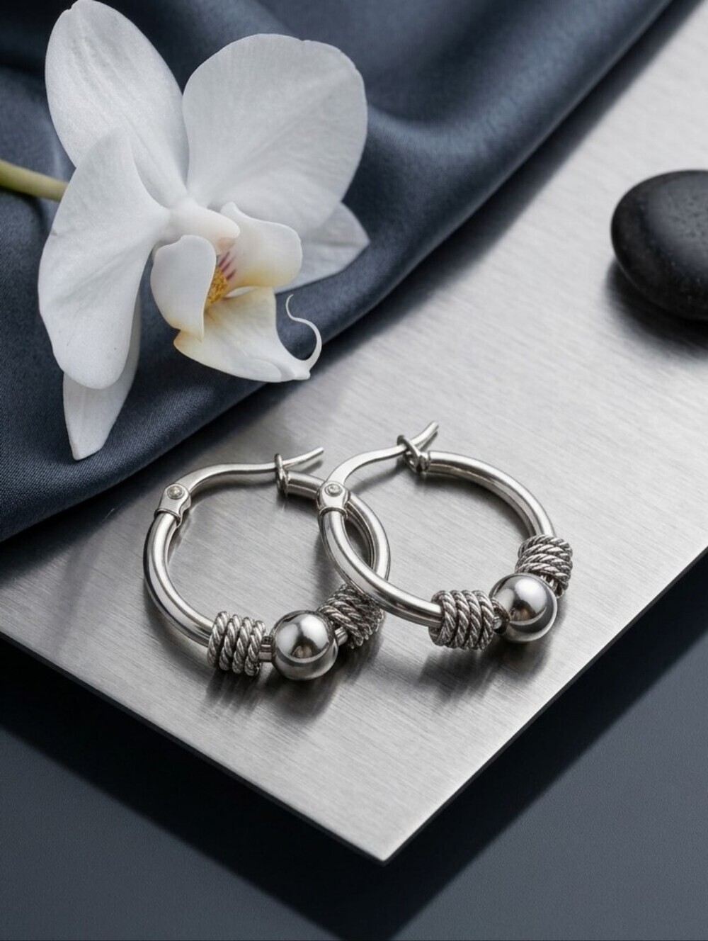 Stainless Steel Silver Beaded Hoop Earrings Textured Bali Boho Minimalist 0.9"